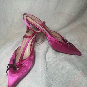 SCHUTZ Cosette Fuchsia Satin Slingback Pointed Toe Heel Sandals Black Bow Size 8